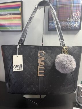 Cavalli Class Black Quilted Tote with Pom Charm